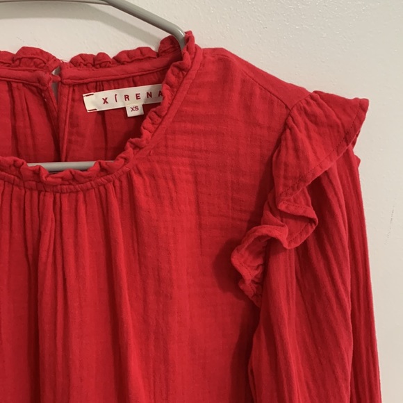 XiRENA Tops Xirena Lanie Red Long Sleeve Cotton Gauze Ruffle Top Womens Xs Keyhole Back